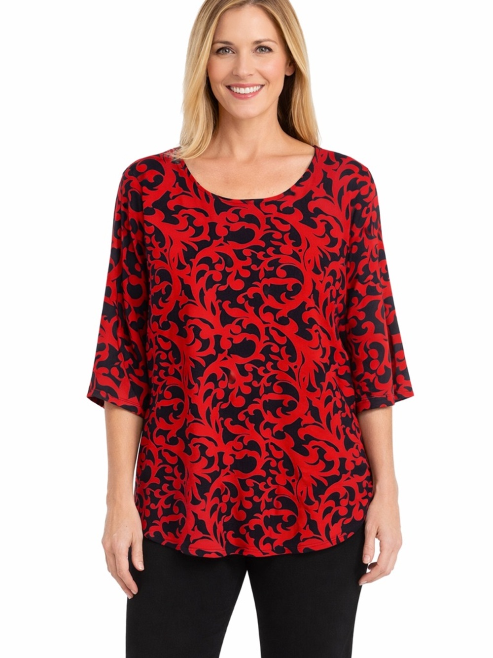 Red Black Baroque Scroll Print Stretch Blouse Top Women’s L